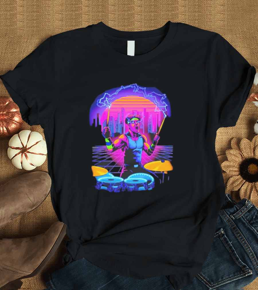 Drumatron Neon City Electric Drummer In Retro Futuristic Skyline T-Shirt