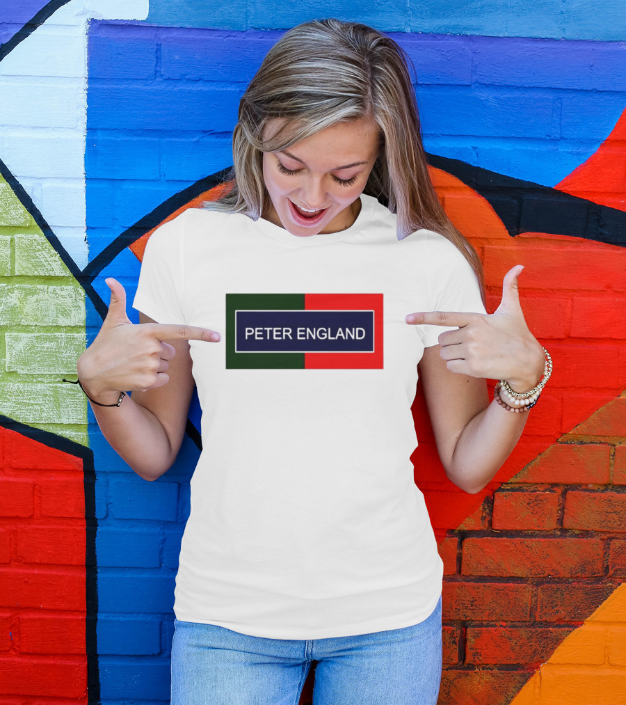 PETER ENGLAND Black Background Rectangular Logo With Green And Red Blocks T-Shirt