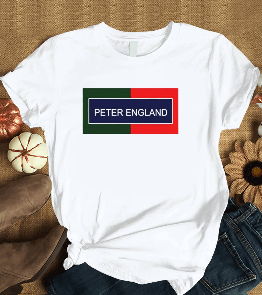 PETER ENGLAND Black Background Rectangular Logo With Green And Red Blocks T-Shirt