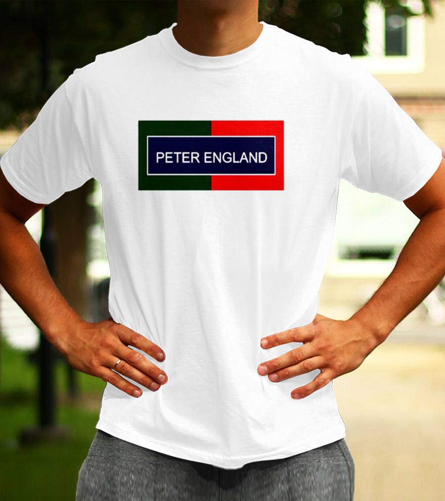 PETER ENGLAND Black Background Rectangular Logo With Green And Red Blocks T-Shirt