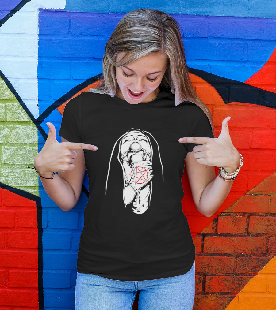 Nun In Chains With Rosary And Red Pentagram T-Shirt