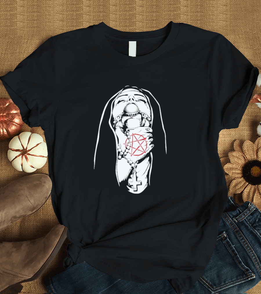 Nun In Chains With Rosary And Red Pentagram T-Shirt
