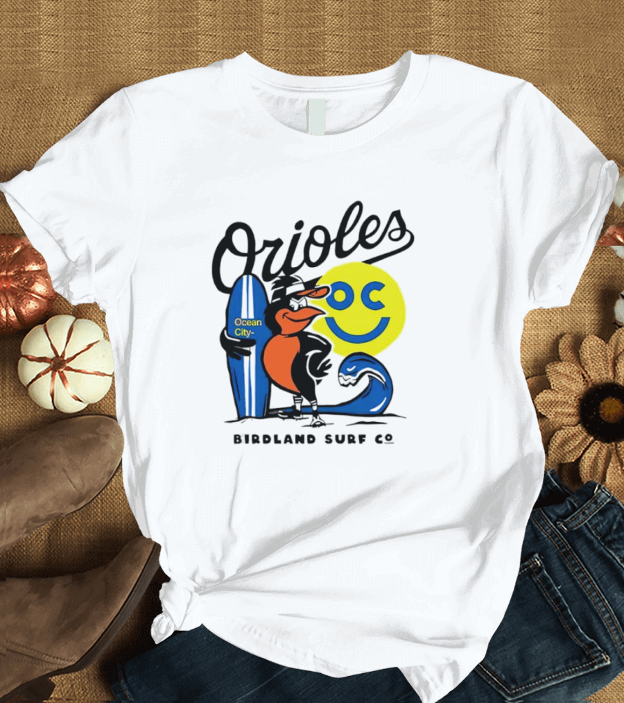 Orioles Ocean City Birdland Surf Co Smiley Surfboard Wave T-Shirt