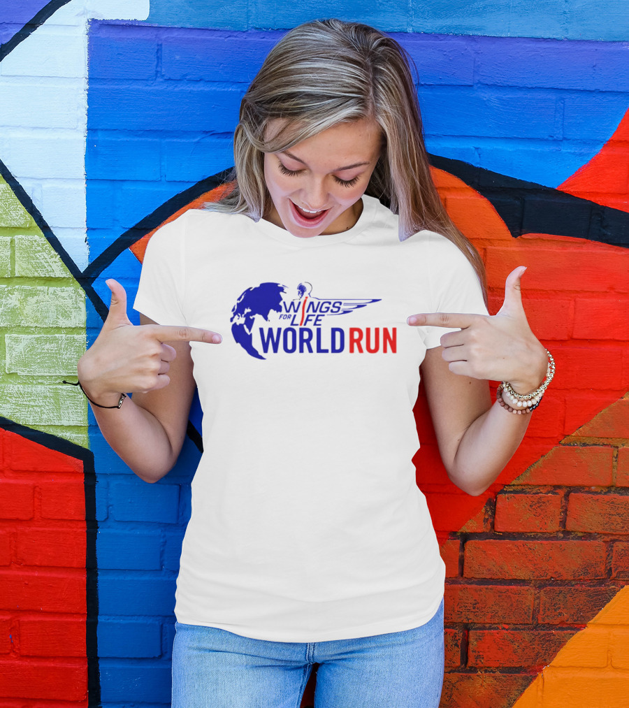 Wings For Life World Run Blue And Red Globe And Wings T-Shirt