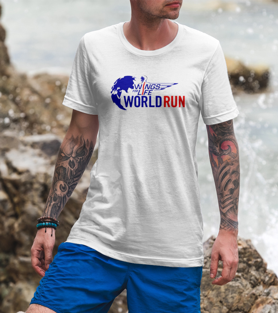 Wings For Life World Run Blue And Red Globe And Wings T-Shirt