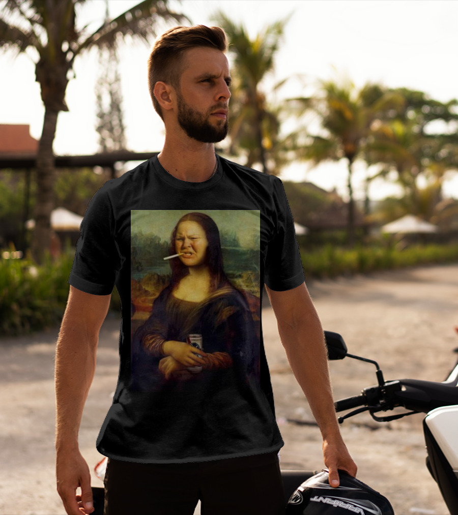 Tammy Mona Lisa Smoking Cigarette Holding Beer Can T-Shirt