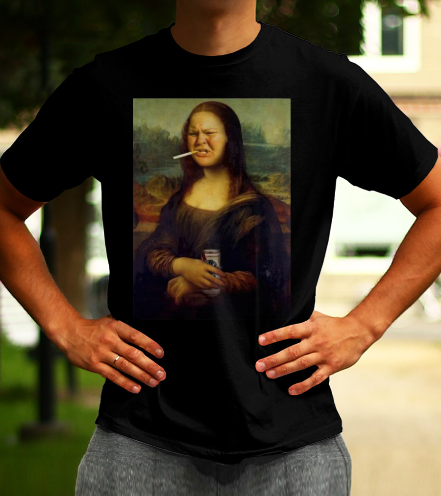 Tammy Mona Lisa Smoking Cigarette Holding Beer Can T-Shirt