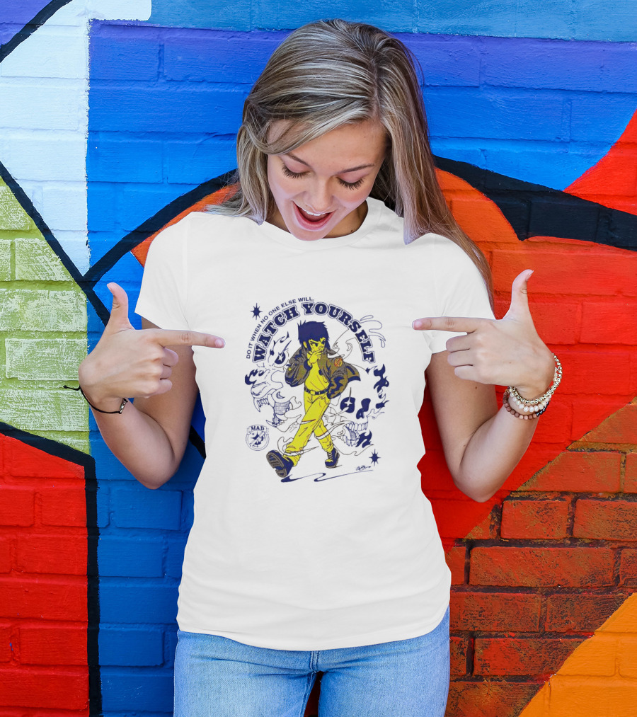 Watch Yourself Do It When No One Else Will Retro Style Blue And Yellow Walking Character T-Shirt