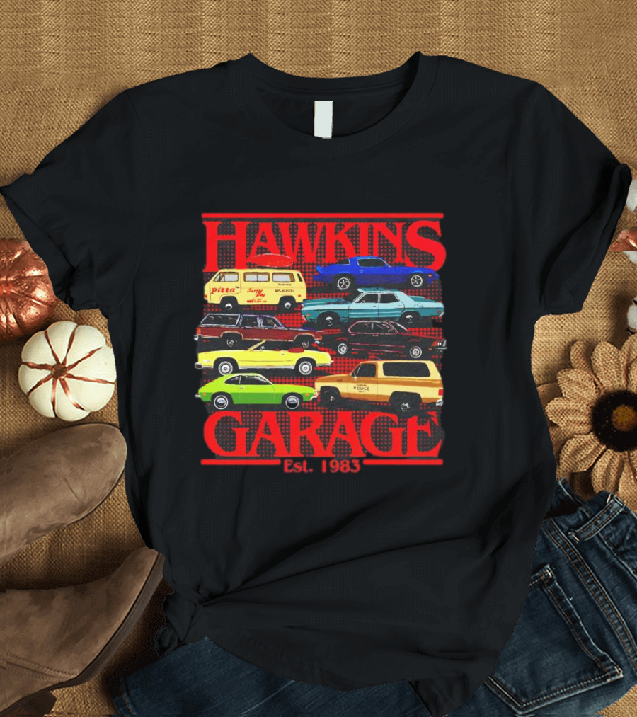 Hawkins Garage Stranger Things Vintage Cars Pizza Van Est. 1983 T-Shirt