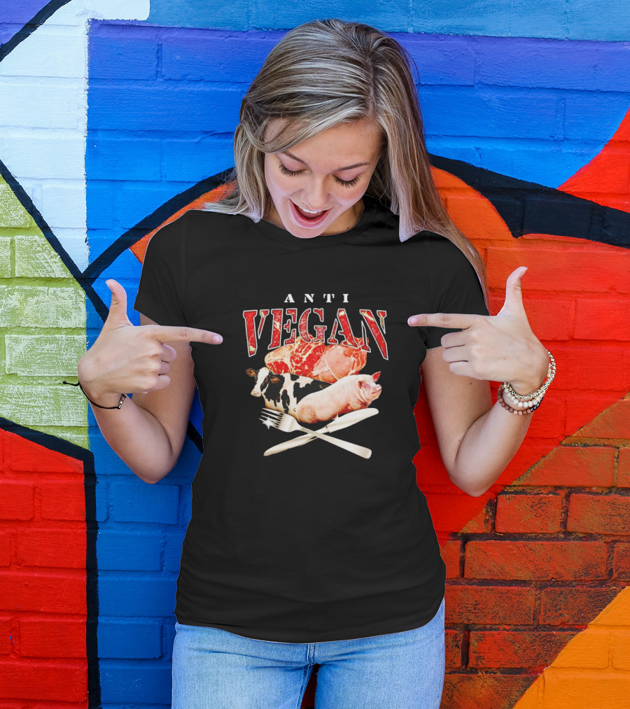 ANTI VEGAN Meat Cow Pig Fork Knife T-Shirt