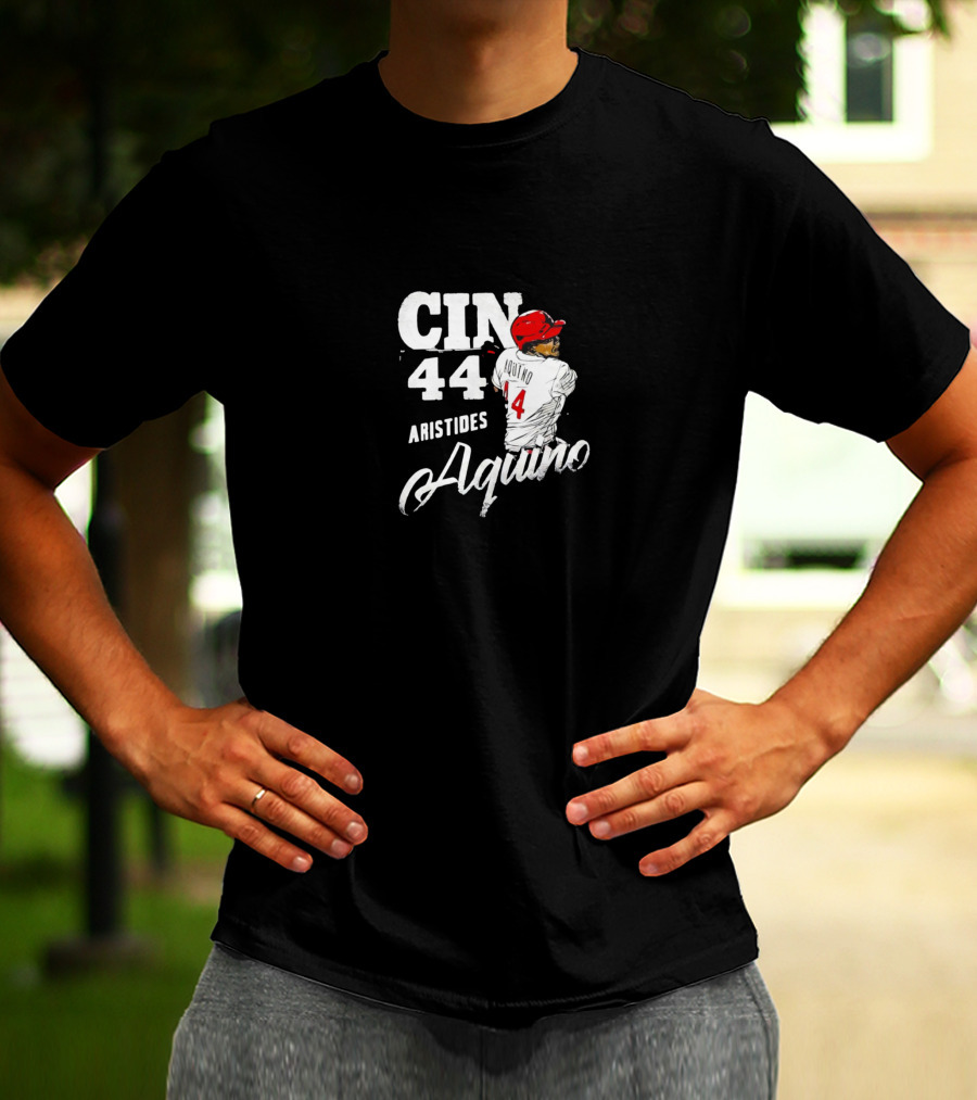 CIN 44 Aristides Aquino Cincinnati Reds Baseball Action Pose T-Shirt