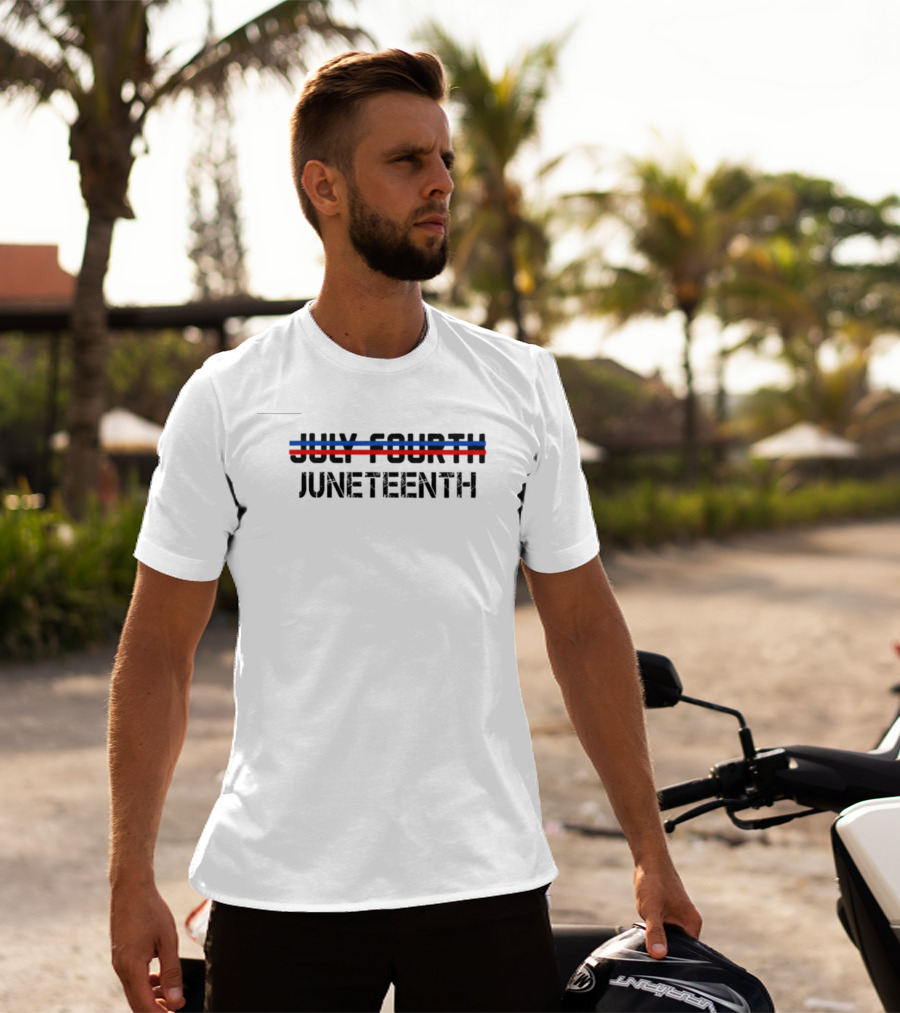 July Fourth Strikethrough With Juneteenth Text And Red Blue Lines T-Shirt