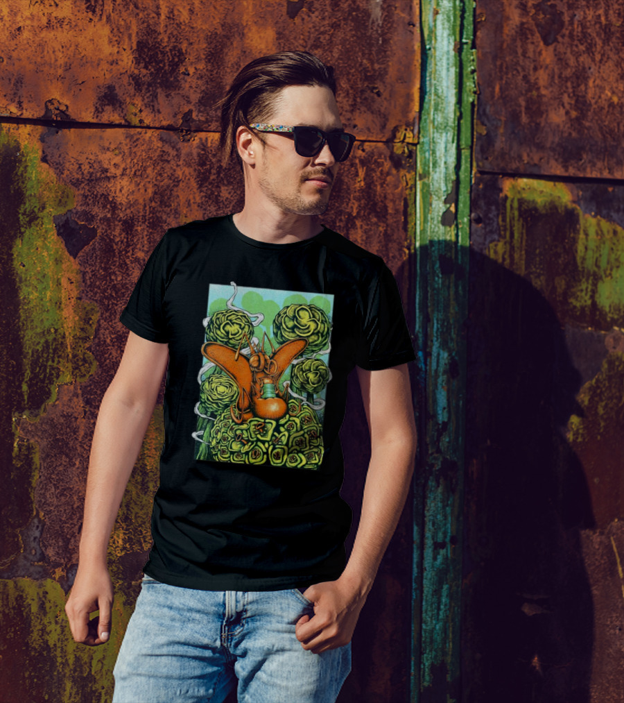 Chill Fly On Vibrant Green Floral Background T-Shirt