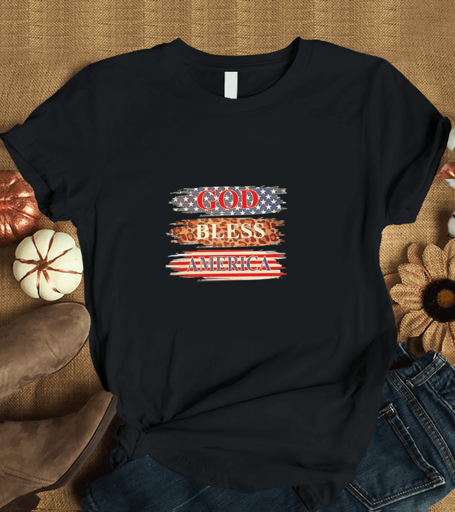 God Bless America Stars Stripes Leopard Print T-Shirt