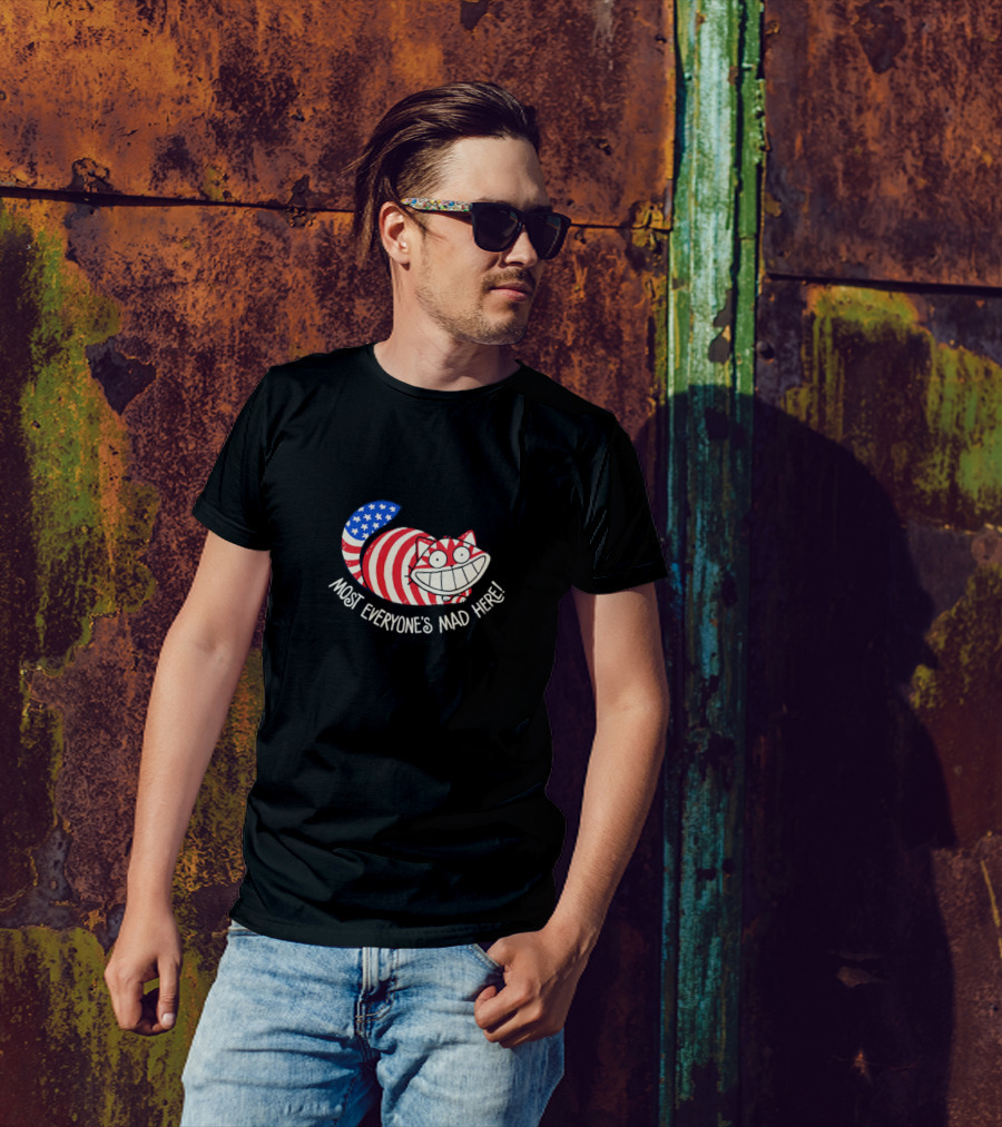 Muricat Most Everyone's Mad Here Cheshire Cat American Flag Stripes T-Shirt
