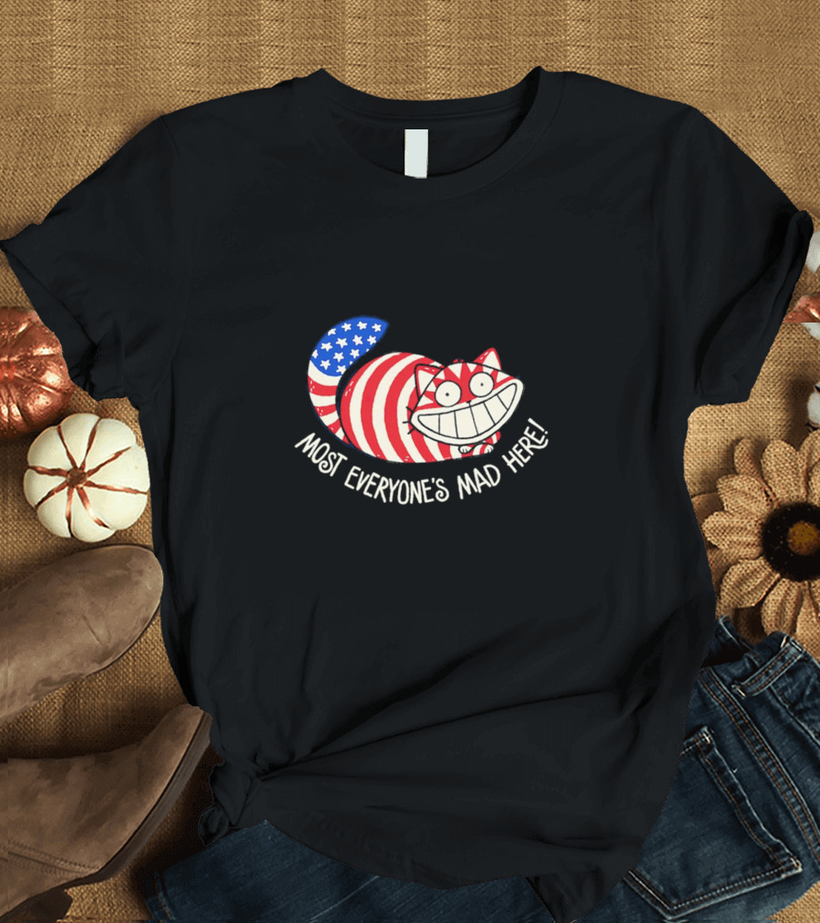 Muricat Most Everyone's Mad Here Cheshire Cat American Flag Stripes T-Shirt