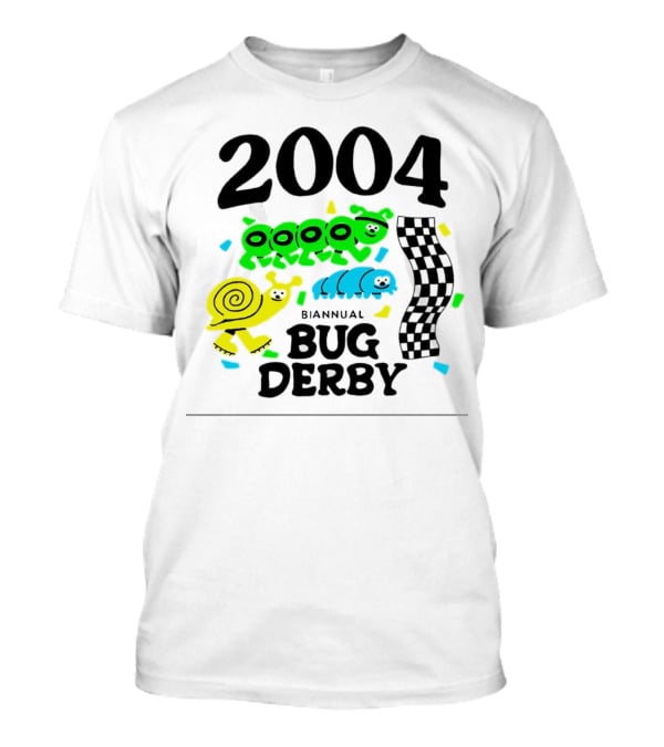 2004 Biannual Bug Derby Colorful Cartoon Caterpillars With Checkered Flag T-Shirt