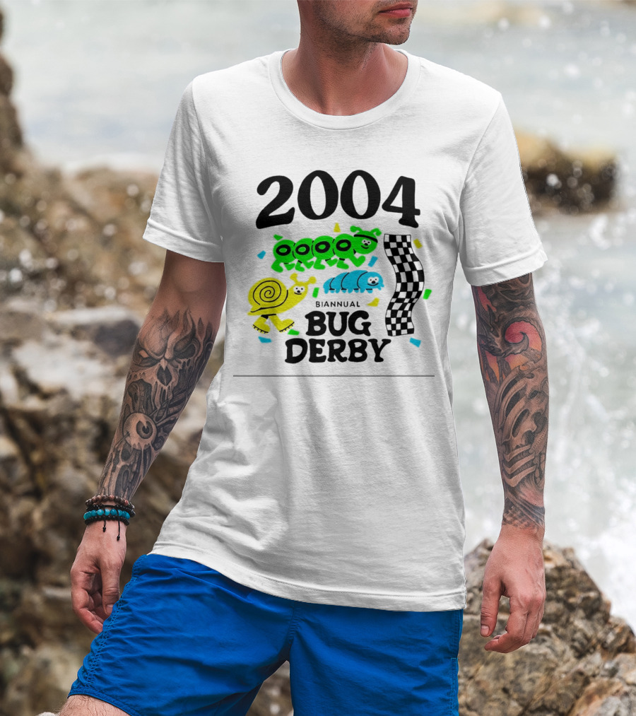 2004 Biannual Bug Derby Colorful Cartoon Caterpillars With Checkered Flag T-Shirt