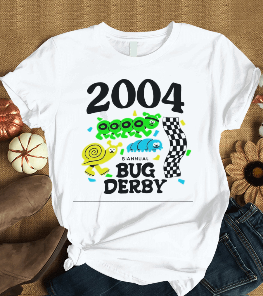 2004 Biannual Bug Derby Colorful Cartoon Caterpillars With Checkered Flag T-Shirt