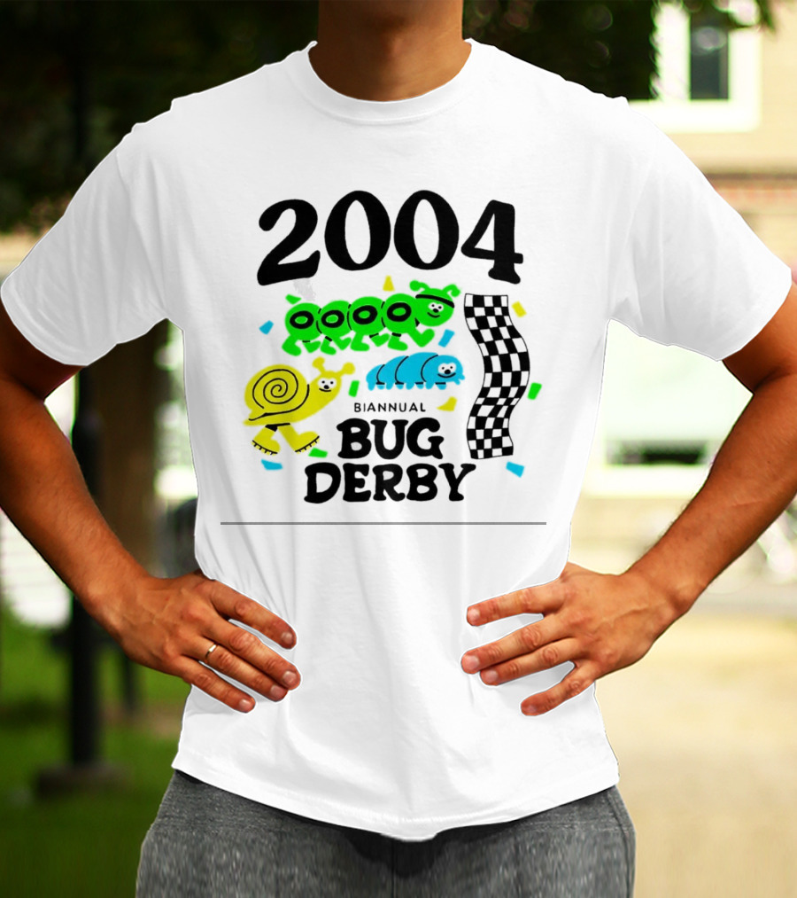 2004 Biannual Bug Derby Colorful Cartoon Caterpillars With Checkered Flag T-Shirt