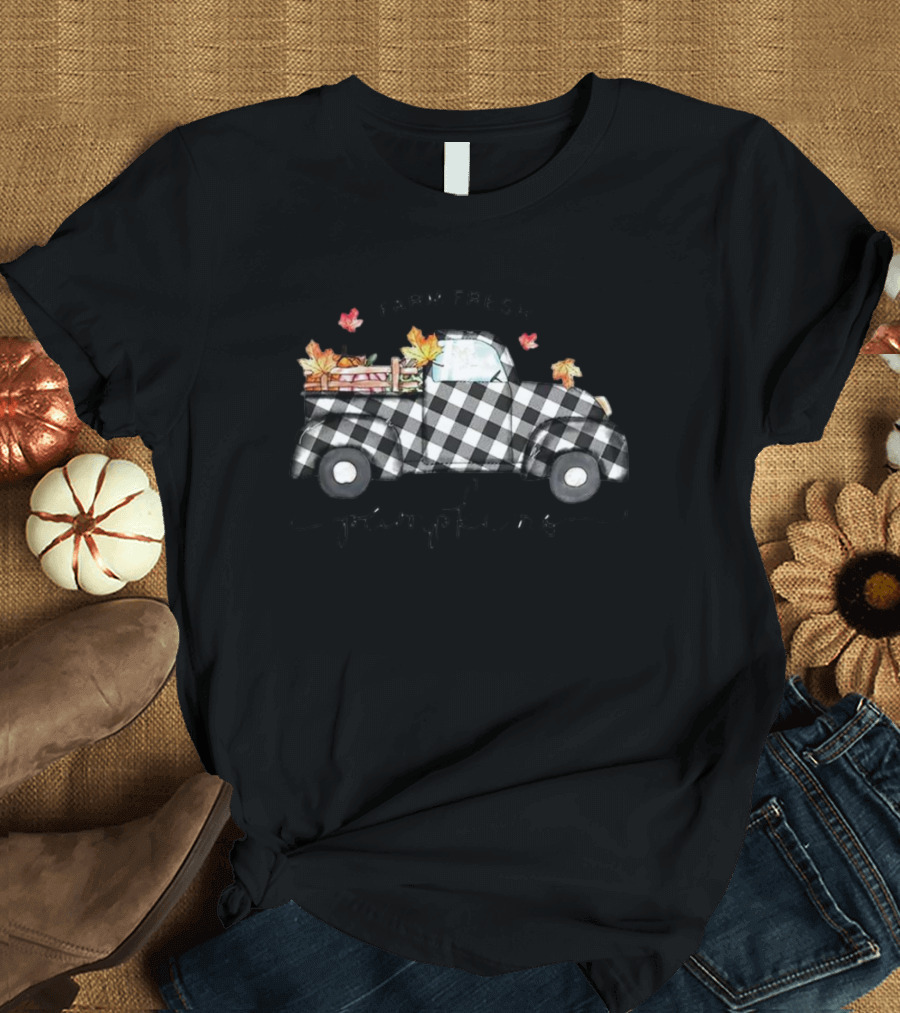 Farm Fresh Pumpkins Plaid Truck With Autumn Leaves T-Shirt