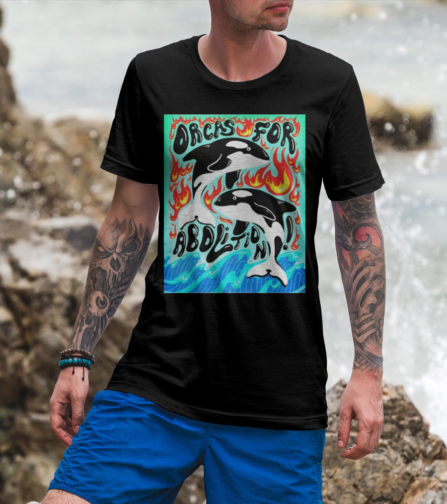 Orcas For Abolition Ocean Waves And Flames T-Shirt