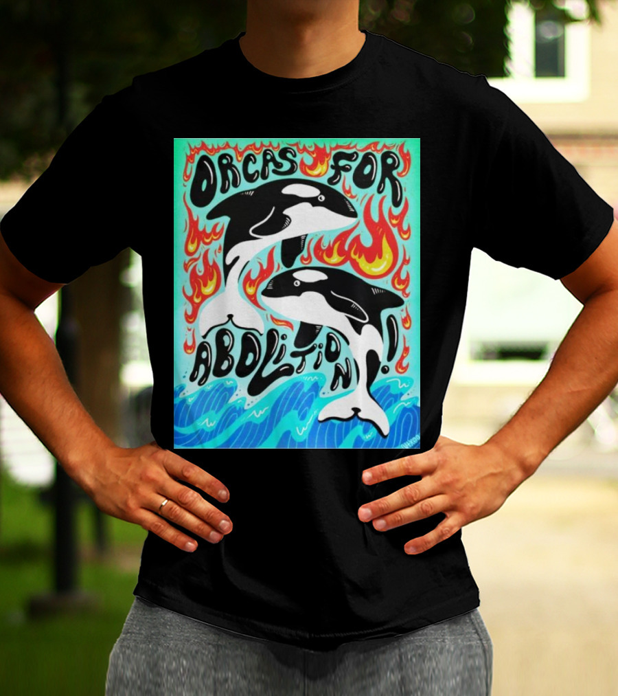 Orcas For Abolition Ocean Waves And Flames T-Shirt