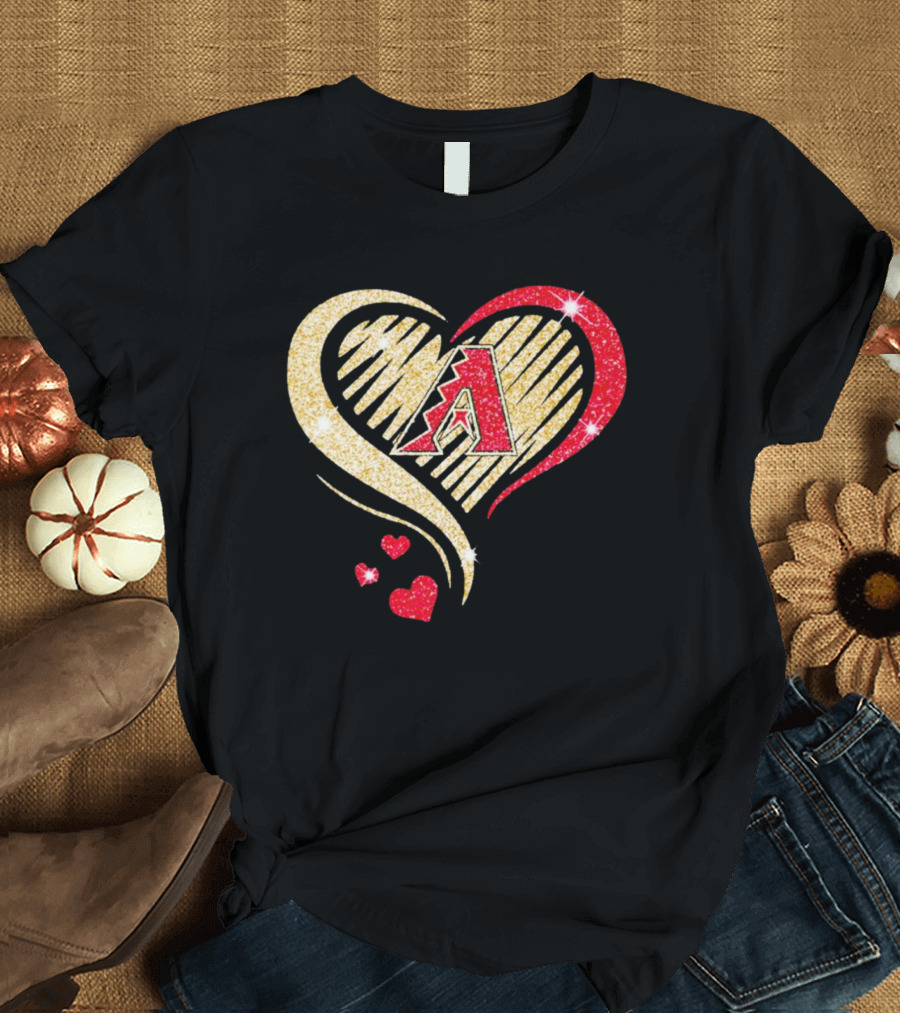 Arizona Diamondbacks Glitter Heart Design With Team Logo In Gold And Red T-Shirt