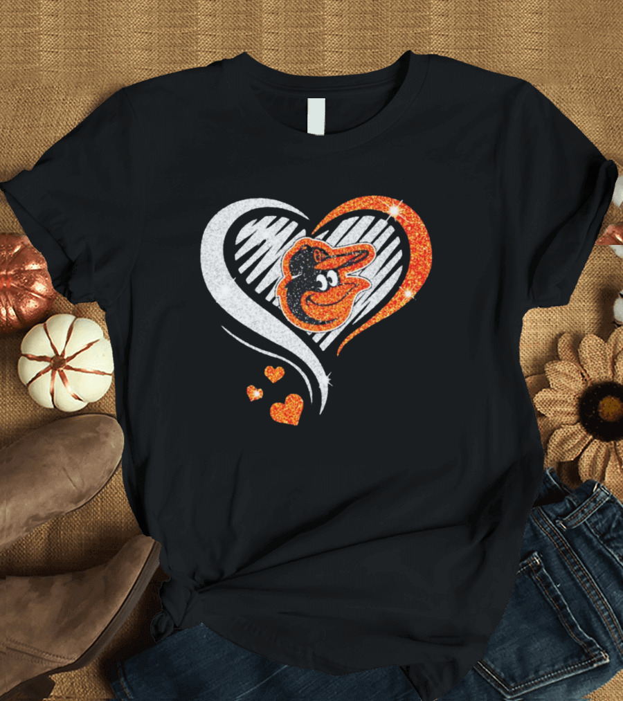 Baltimore Orioles Heart Shaped Logo With Orange Glitter Diamond T-Shirt