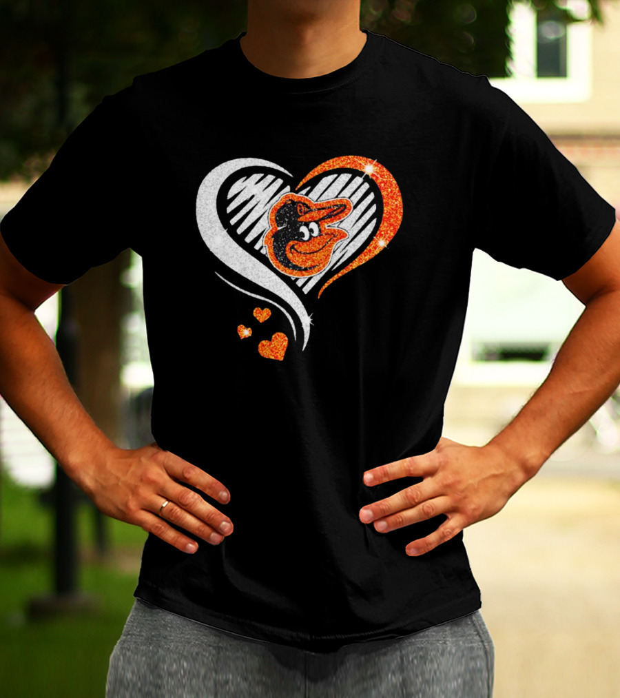 Baltimore Orioles Heart Shaped Logo With Orange Glitter Diamond T-Shirt