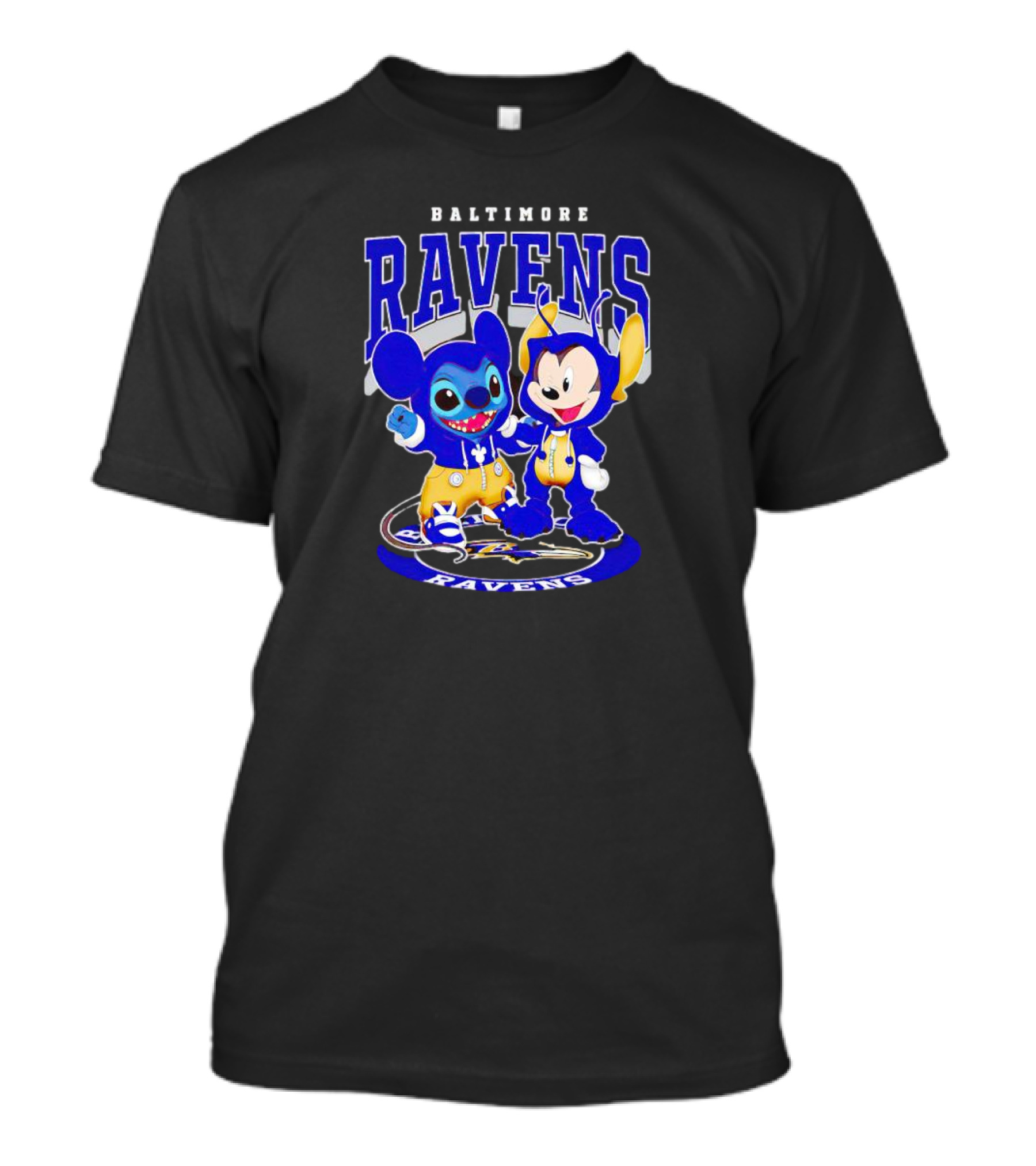 Baltimore Ravens Stitch And Mickey Character Collaboration Football T-Shirt