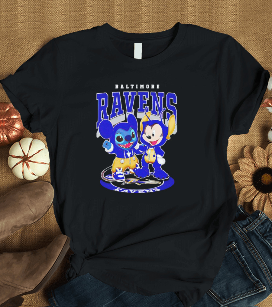 Baltimore Ravens Stitch And Mickey Character Collaboration Football T-Shirt