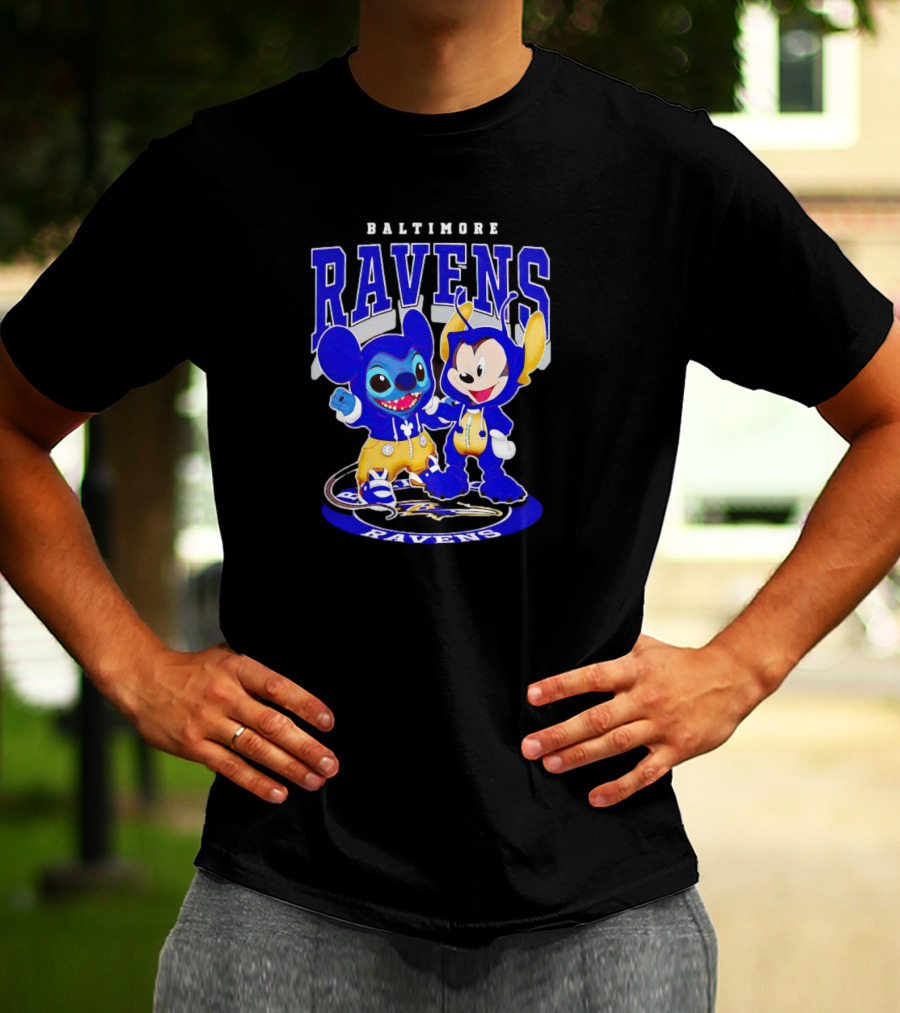 Baltimore Ravens Stitch And Mickey Character Collaboration Football T-Shirt