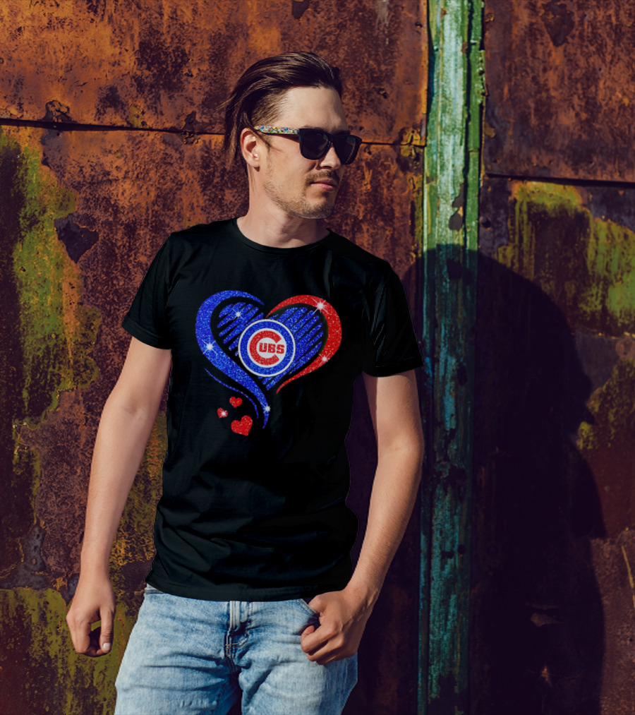Chicago Cubs Glitter Heart Logo With Red And Blue Diamond T-Shirt