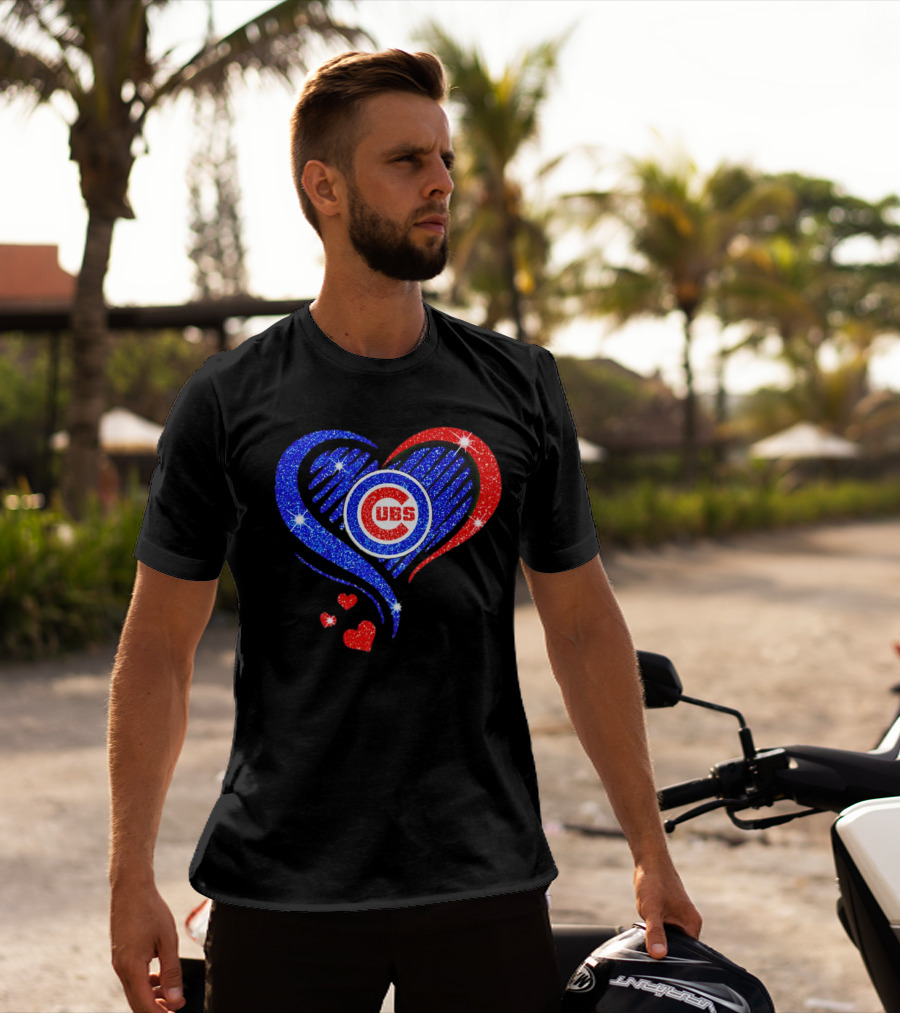 Chicago Cubs Glitter Heart Logo With Red And Blue Diamond T-Shirt