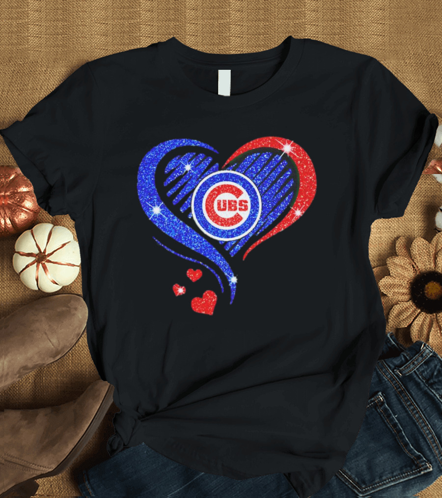 Chicago Cubs Glitter Heart Logo With Red And Blue Diamond T-Shirt
