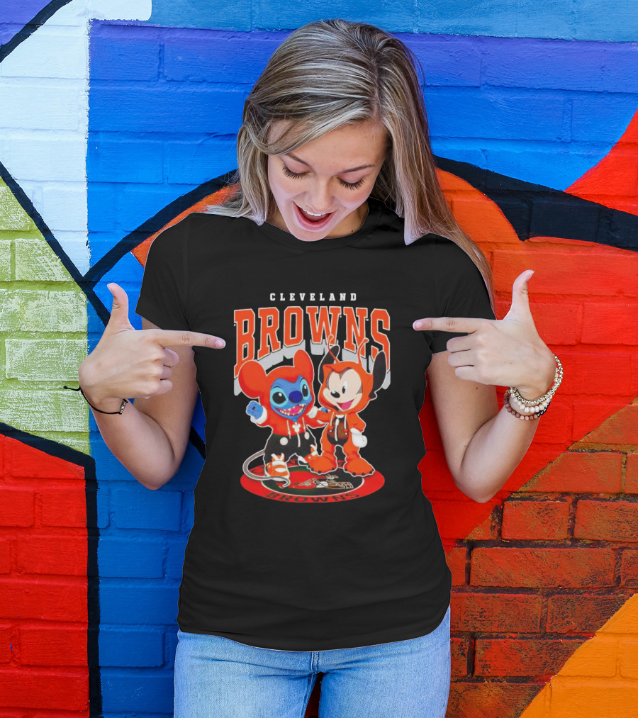Cleveland Browns Mickey And Stitch Character Hoodie Fan T-Shirt