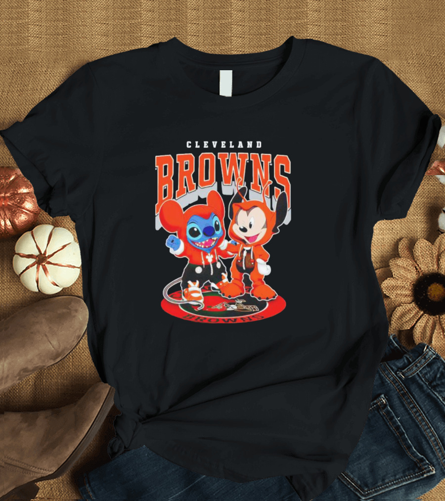 Cleveland Browns Mickey And Stitch Character Hoodie Fan T-Shirt