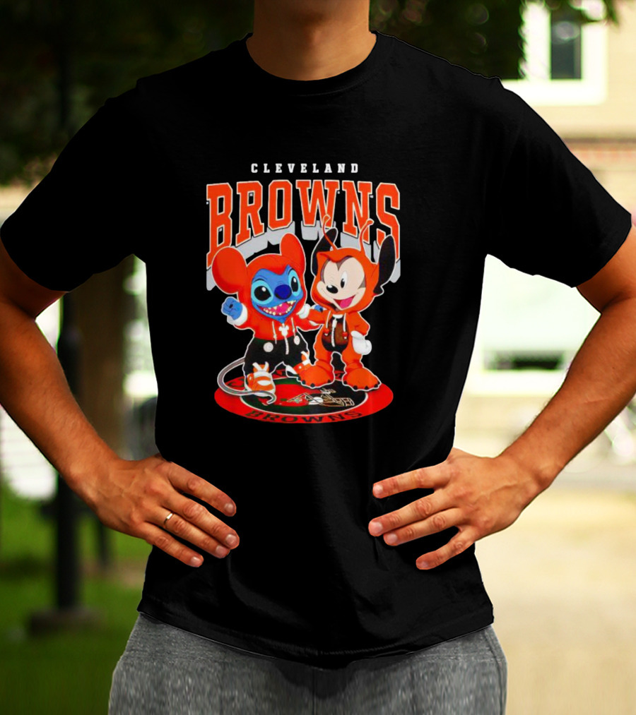 Cleveland Browns Mickey And Stitch Character Hoodie Fan T-Shirt
