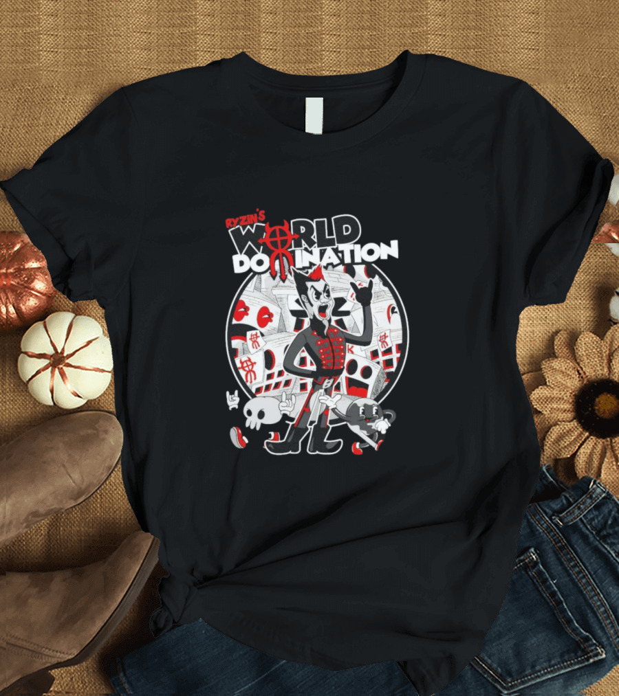 Ryzin's World Domination Cartoon Character Red And Black Motif T-Shirt