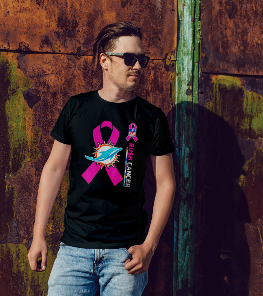 Miami Dolphins NFL Rush Cancer Pink Ribbon Emblem T-Shirt