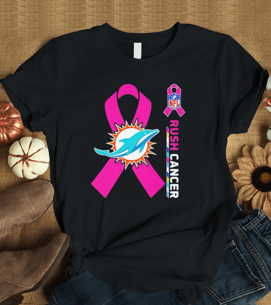 Miami Dolphins NFL Rush Cancer Pink Ribbon Emblem T-Shirt