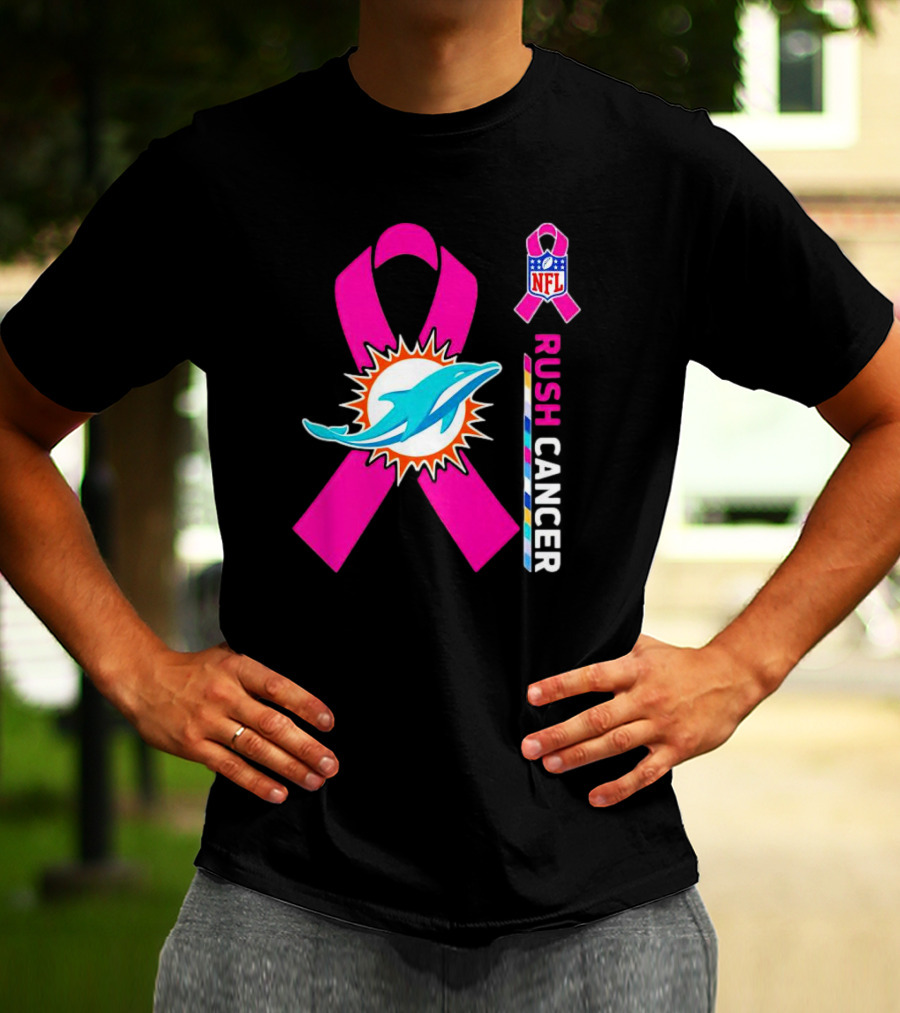Miami Dolphins NFL Rush Cancer Pink Ribbon Emblem T-Shirt