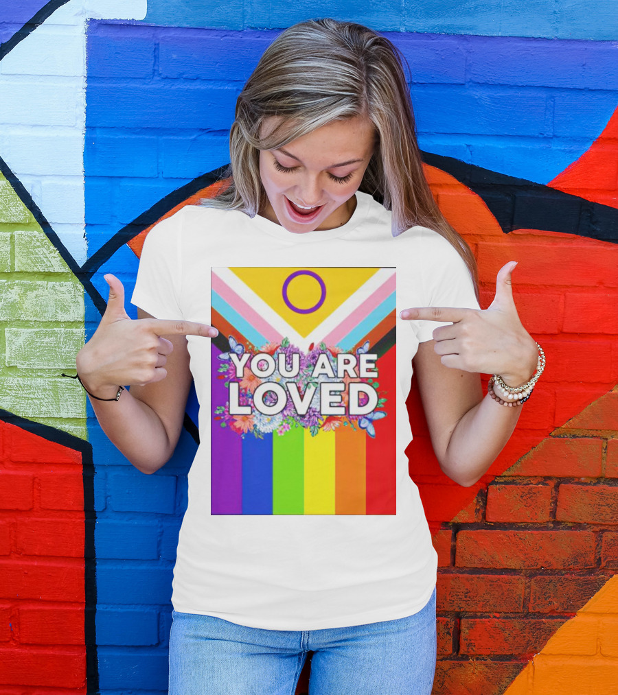 You Are Loved Pride Flag Intersex Inclusion Rainbow Floral Butterflies T-Shirt