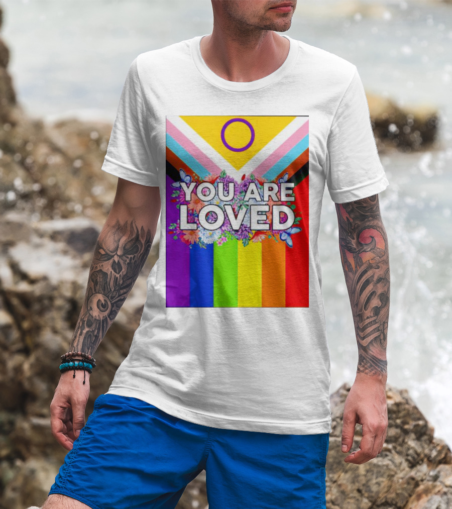 You Are Loved Pride Flag Intersex Inclusion Rainbow Floral Butterflies T-Shirt