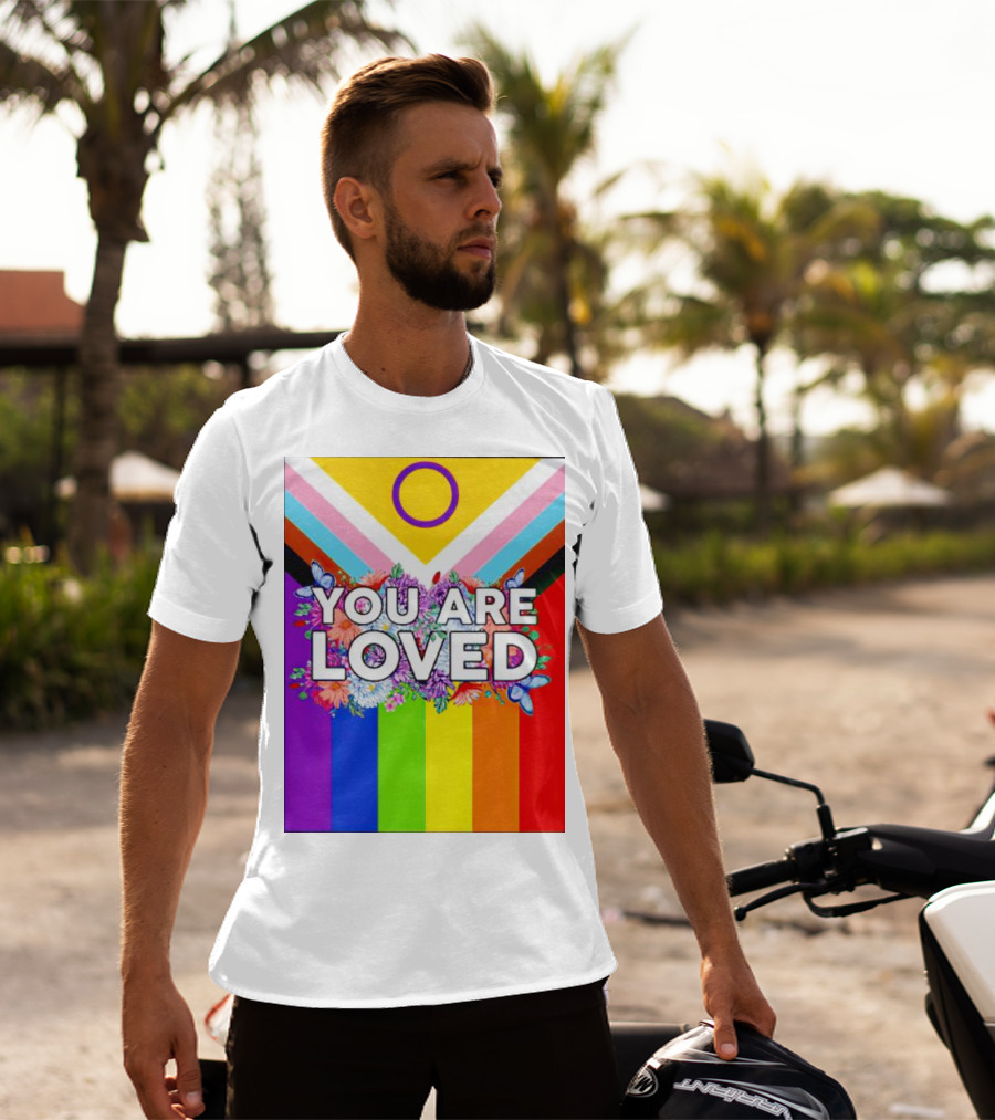 You Are Loved Pride Flag Intersex Inclusion Rainbow Floral Butterflies T-Shirt