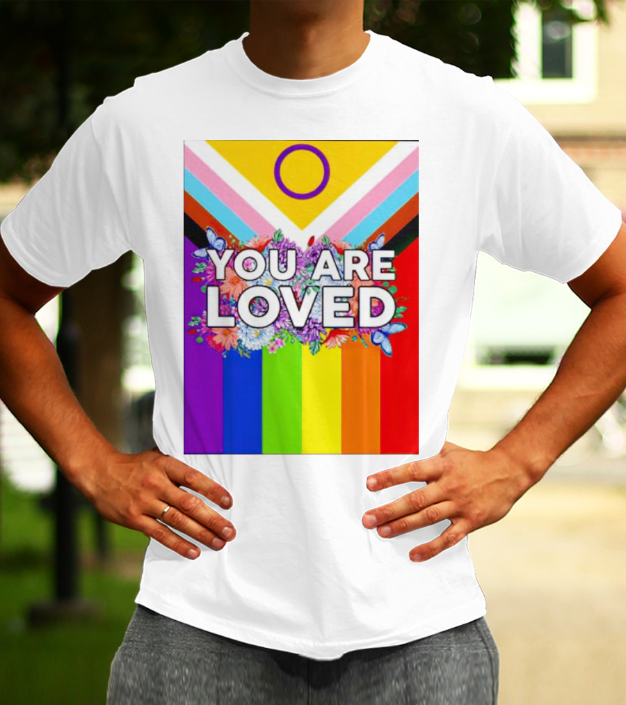 You Are Loved Pride Flag Intersex Inclusion Rainbow Floral Butterflies T-Shirt