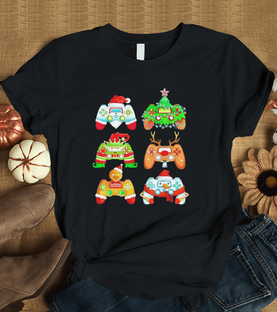 Christmas Santa Elf Snowman Reindeer Gaming Controllers Holiday T-Shirt