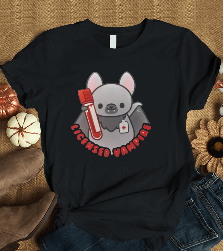 Licensed Vampire Bat Holding Blood Sample Tube T-Shirt