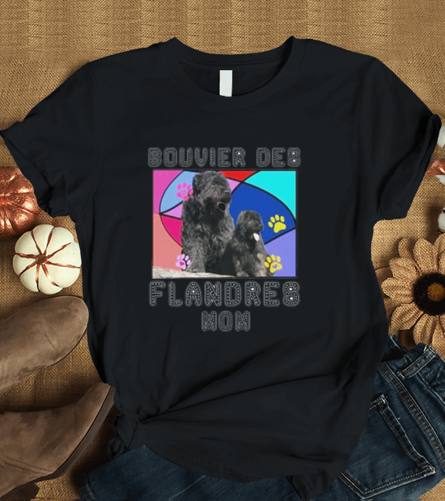 Bouvier Des Flandres Mom Colorful Paw Print Background T-Shirt